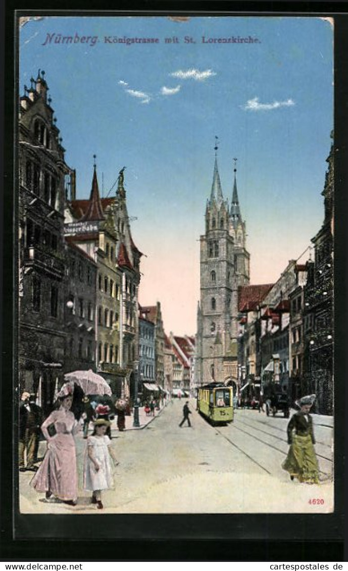 AK Nürnberg, Königstrasse Mit St. Lorenzkirche Und Strassenbahn  - Strassenbahnen