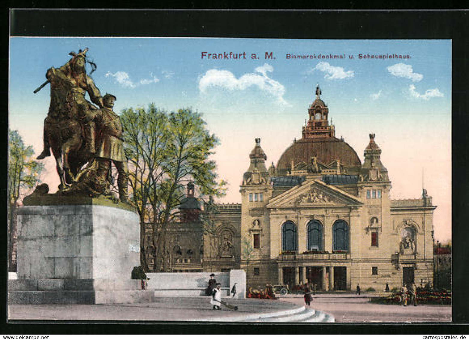 AK Alt-Frankfurt, Bismarckdenkmal U. Schauspielhaus  - Frankfurt A. Main