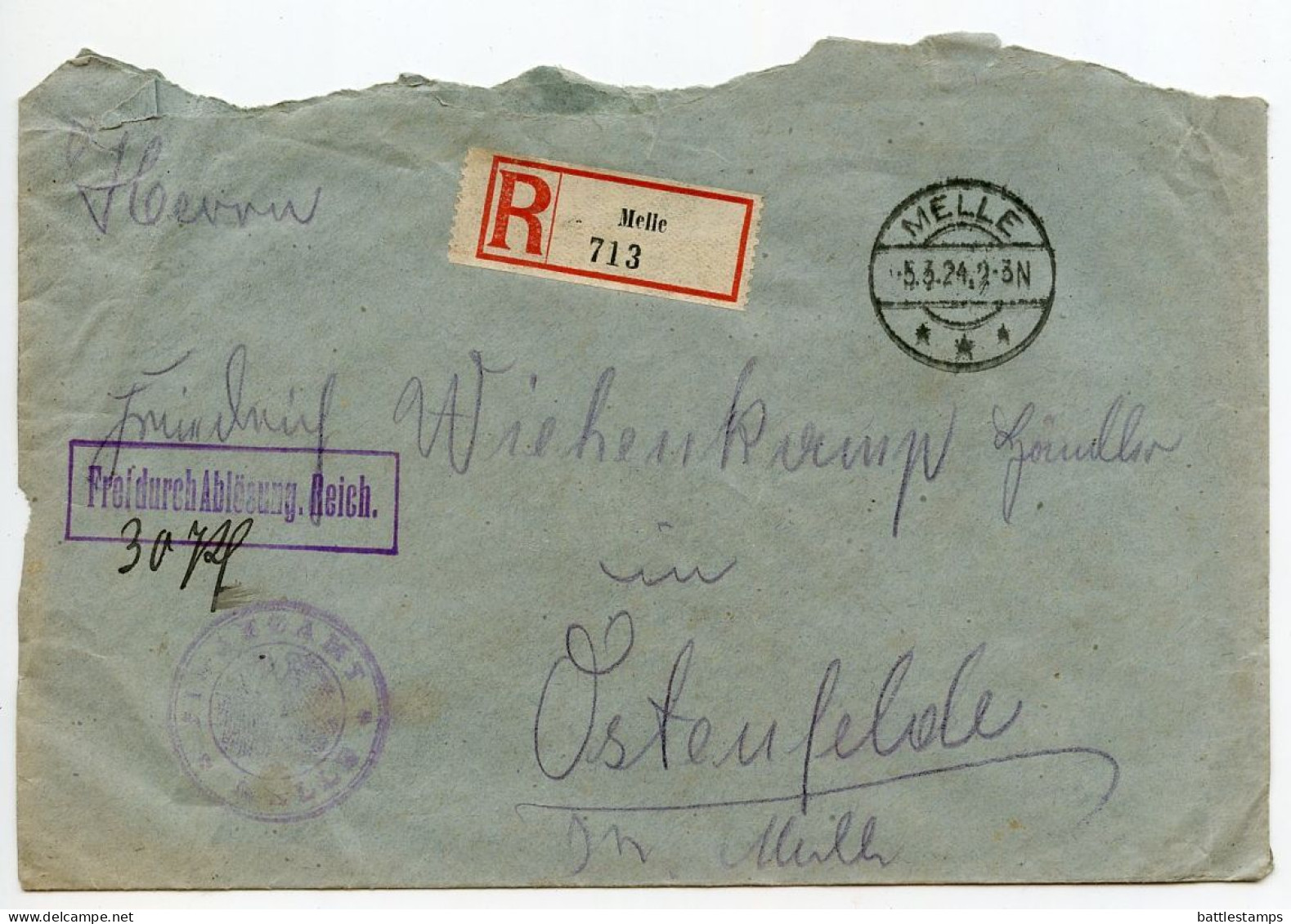Germany 1924 Registered Official Cover; Melle - Landrat (District Administrator) To Ostenfelde - Briefe U. Dokumente