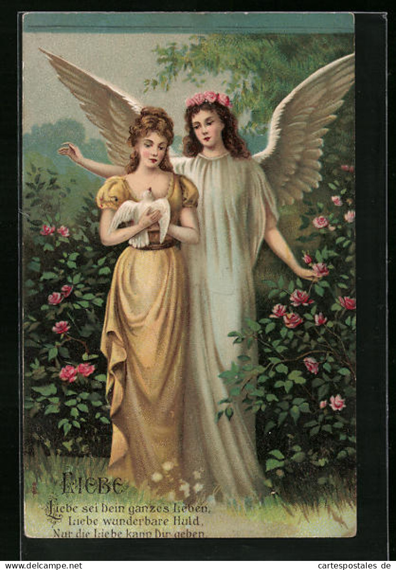 Präge-AK Engel Mit Junger Frau Und Weisser Taube, Allegorie Für Liebe  - Engel