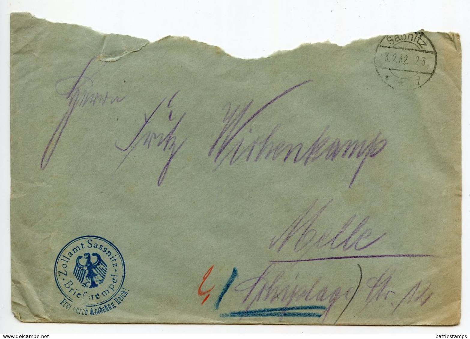 Germany 1932 Official Cover; Sassnitz - Zollamt (Customs Office) To Schiplage - Briefe U. Dokumente