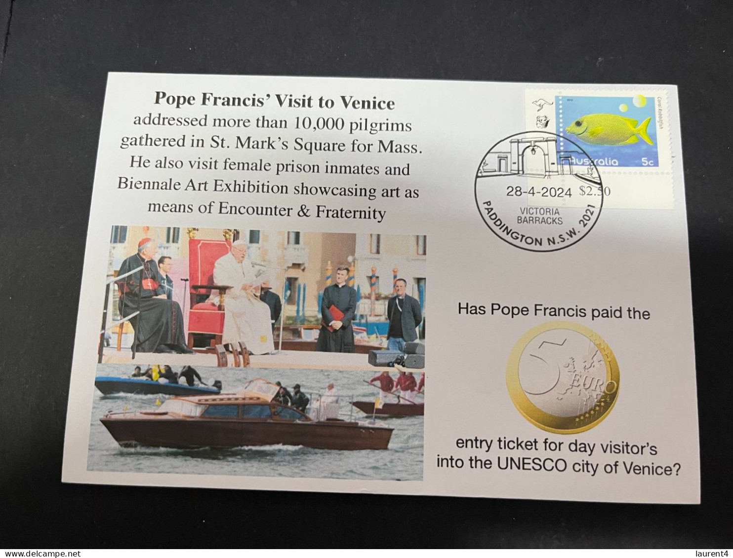 30-4-2024 (3 Z 26) Pope Francis Visit To Venice In Italy (28-4-2024) OZ Stamp (1 Cover) 5 Euro Visit Fee Paid ? - Christianisme