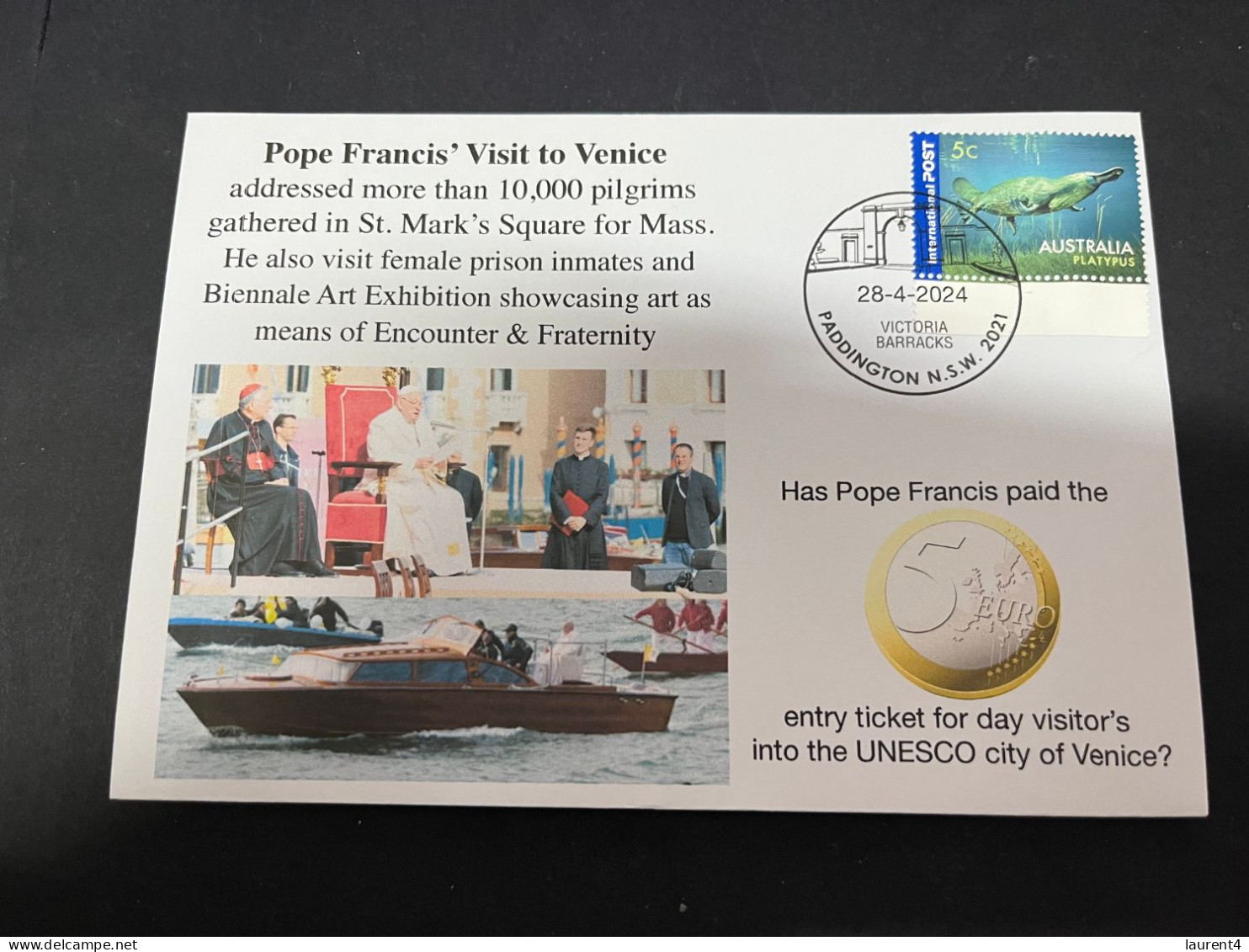 30-4-2024 (3 Z 26) Pope Francis Visit To Venice In Italy (28-4-2024) OZ Stamp (1 Cover) 5 Euro Visit Fee Paid ? - Christendom