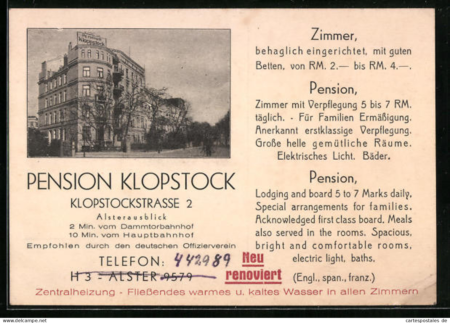 AK Hamburg-Rotherbaum, Hotel-Pension Klopstock, Klopstockstrasse 2, Jetzt Warburgstrasse  - Eimsbüttel