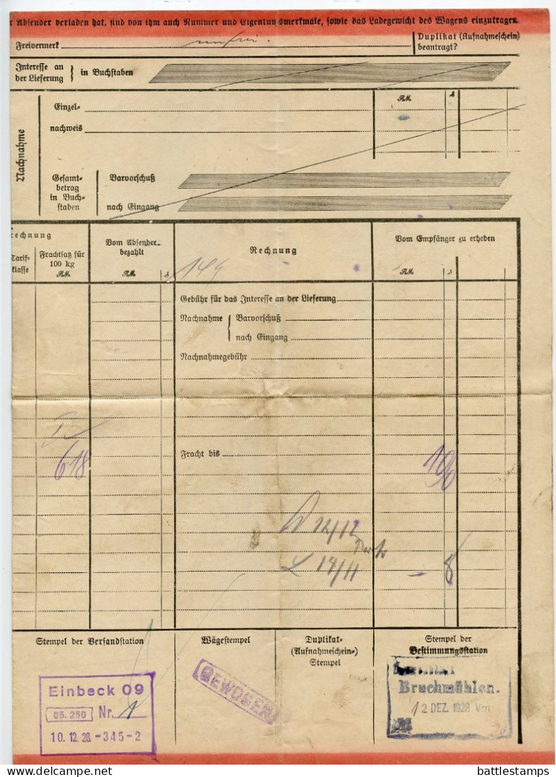 Germany 1928 Deutsche Reichsbahn-Gesellschaft Eilfrachtbrief (Express Waybill); Einbeck To Bruchmühlen - Cartas & Documentos
