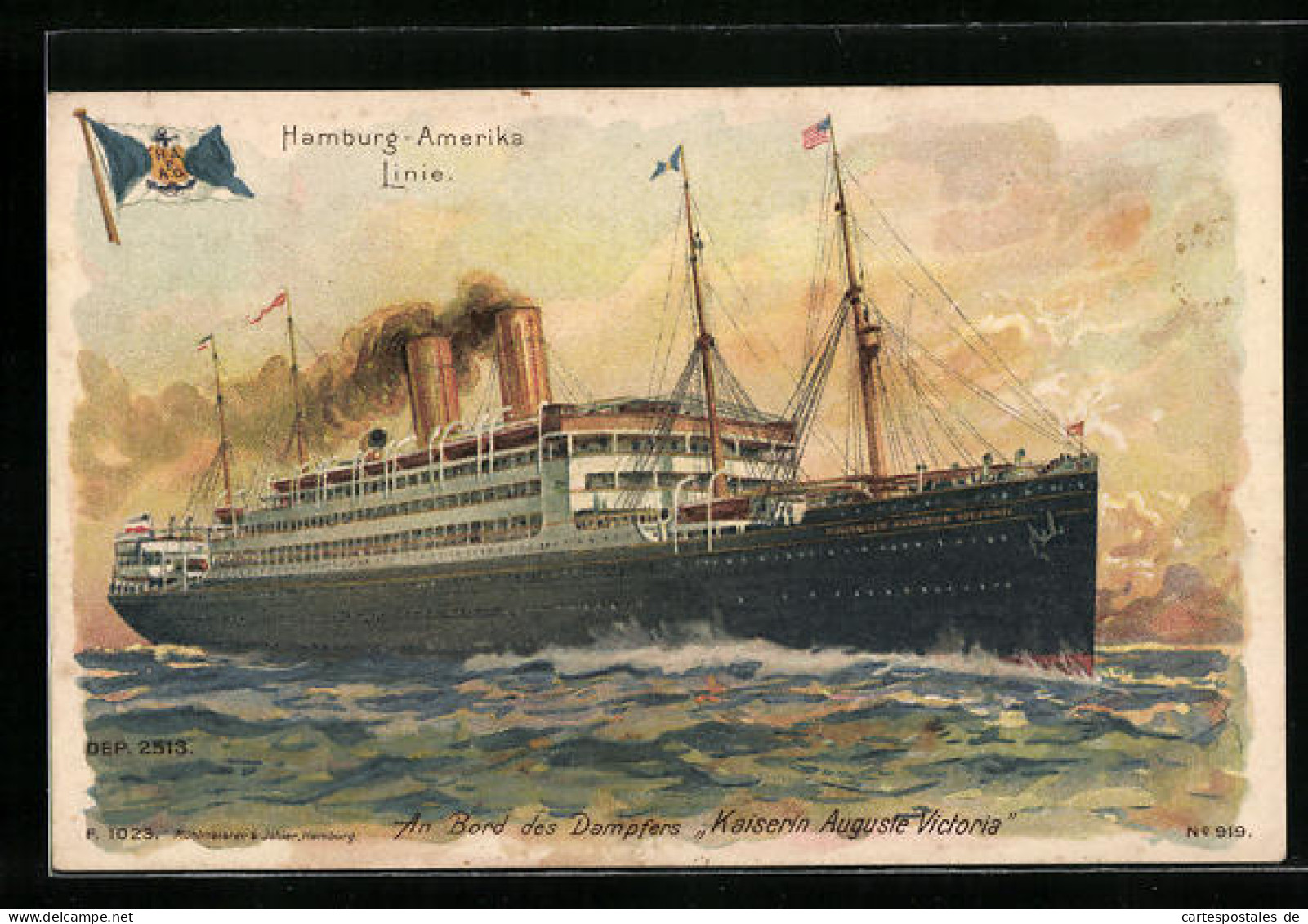 Lithographie Passagierschiff Kaiserin Auguste Victoria Der H.-A.-Linie In Voller Fahrt  - Passagiersschepen