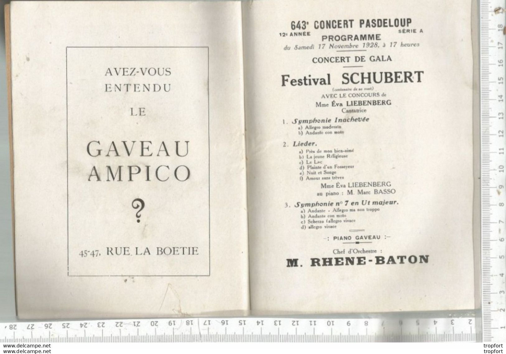 PG / Vintage // PROGRAMME Concert PADELOUP 1928  SCHUBERT LIEBENBERG  MURATORE GALA RHENE BATON - Programmi