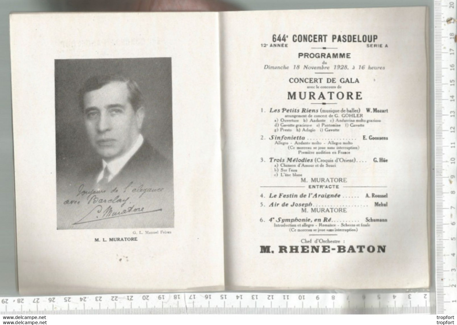 PG / Vintage // PROGRAMME Concert PADELOUP 1928  SCHUBERT LIEBENBERG  MURATORE GALA RHENE BATON - Programmes