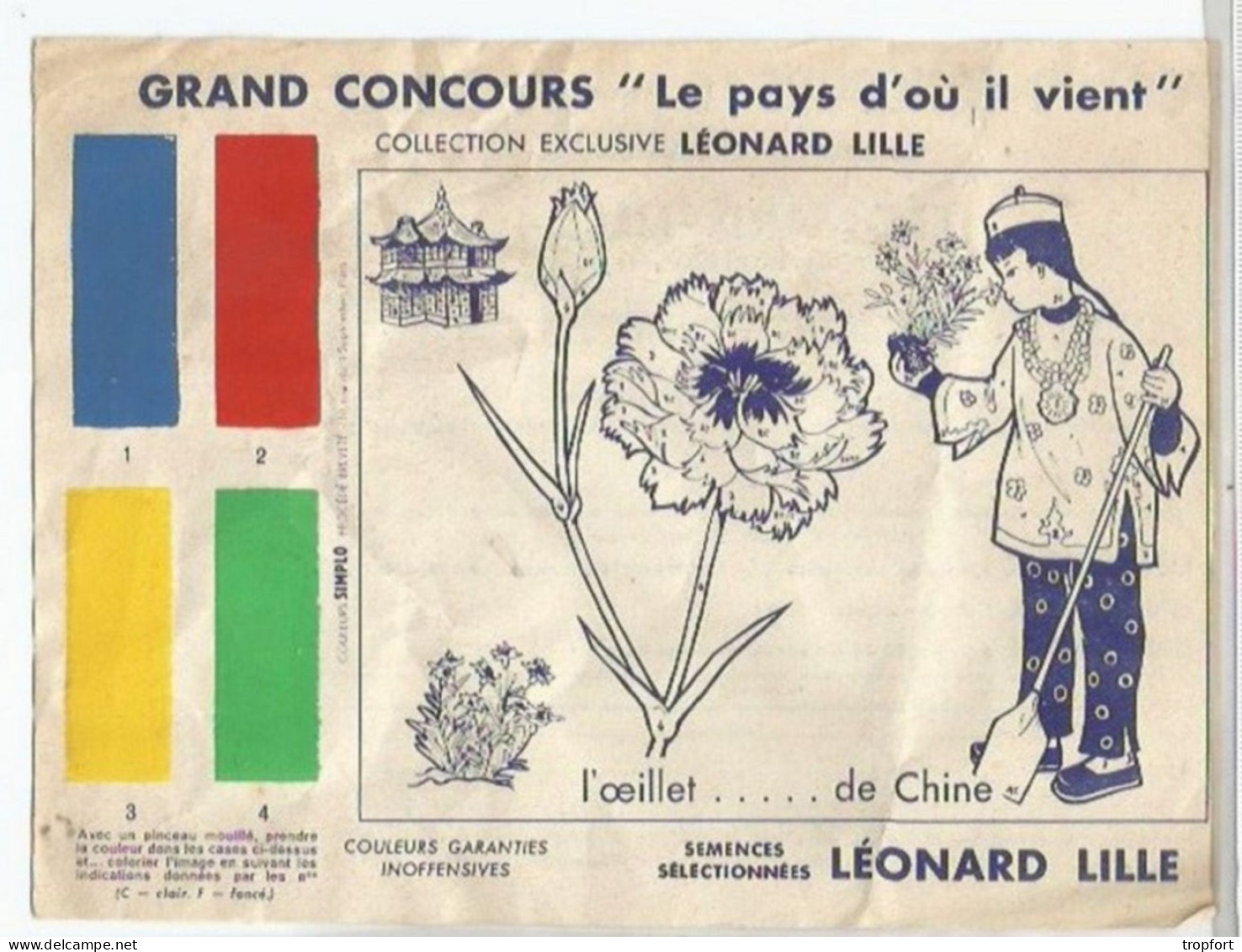 PO / FEUILLET CONCOURS A PEINDRE Fleur Dessin LEONARD LILLE THEME CHINE L'OEILLET China - Publicités