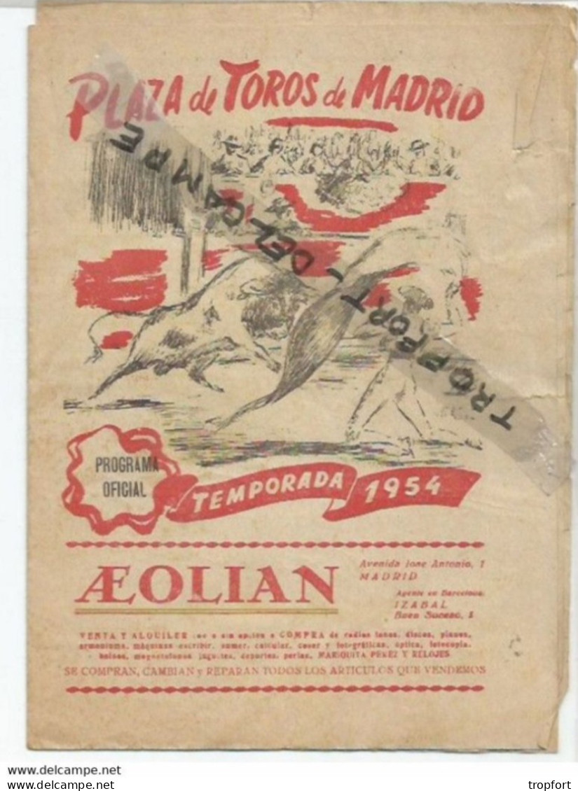 PO / PROGRAMME 1954 TAUROMACHIE  PLAZA DE TOROS DE MADRID / CORRIDA Espagne Spain Corrida - Programmes