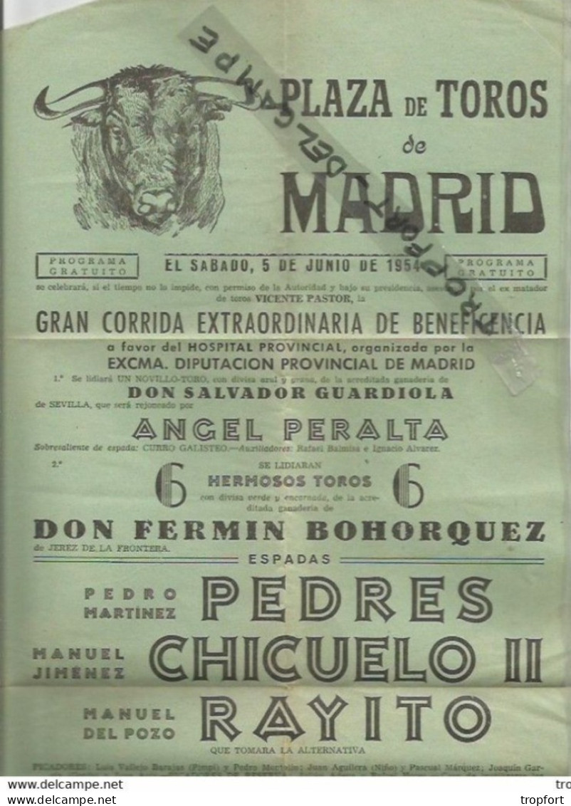 FA / PROGRAMME Affichette PLAZA De TOROS De MADRID 1954 CORRIDA  PEDRES CHICUELO II RAYITO - Programmes