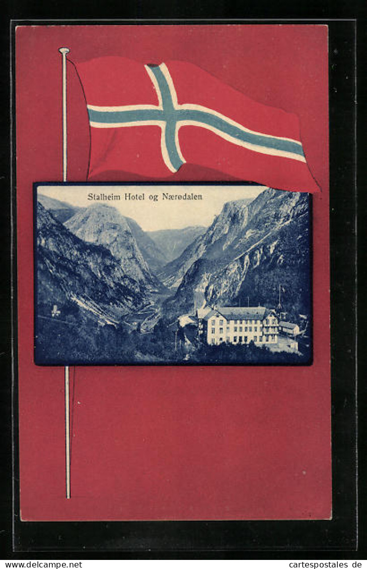AK Stalheim Og Naerodalen, Hotel Und Schmales Tal, Norwegische Nationalfahne  - Norvège