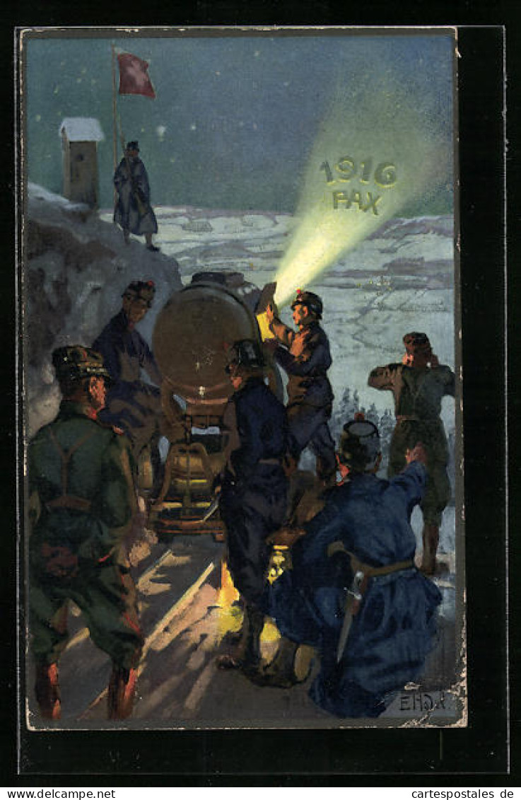 Künstler-AK Sign. E. Hodel: Neujahrsnacht, Schweizer Soldaten Im Schnee, 1916 Pax  - Andere & Zonder Classificatie