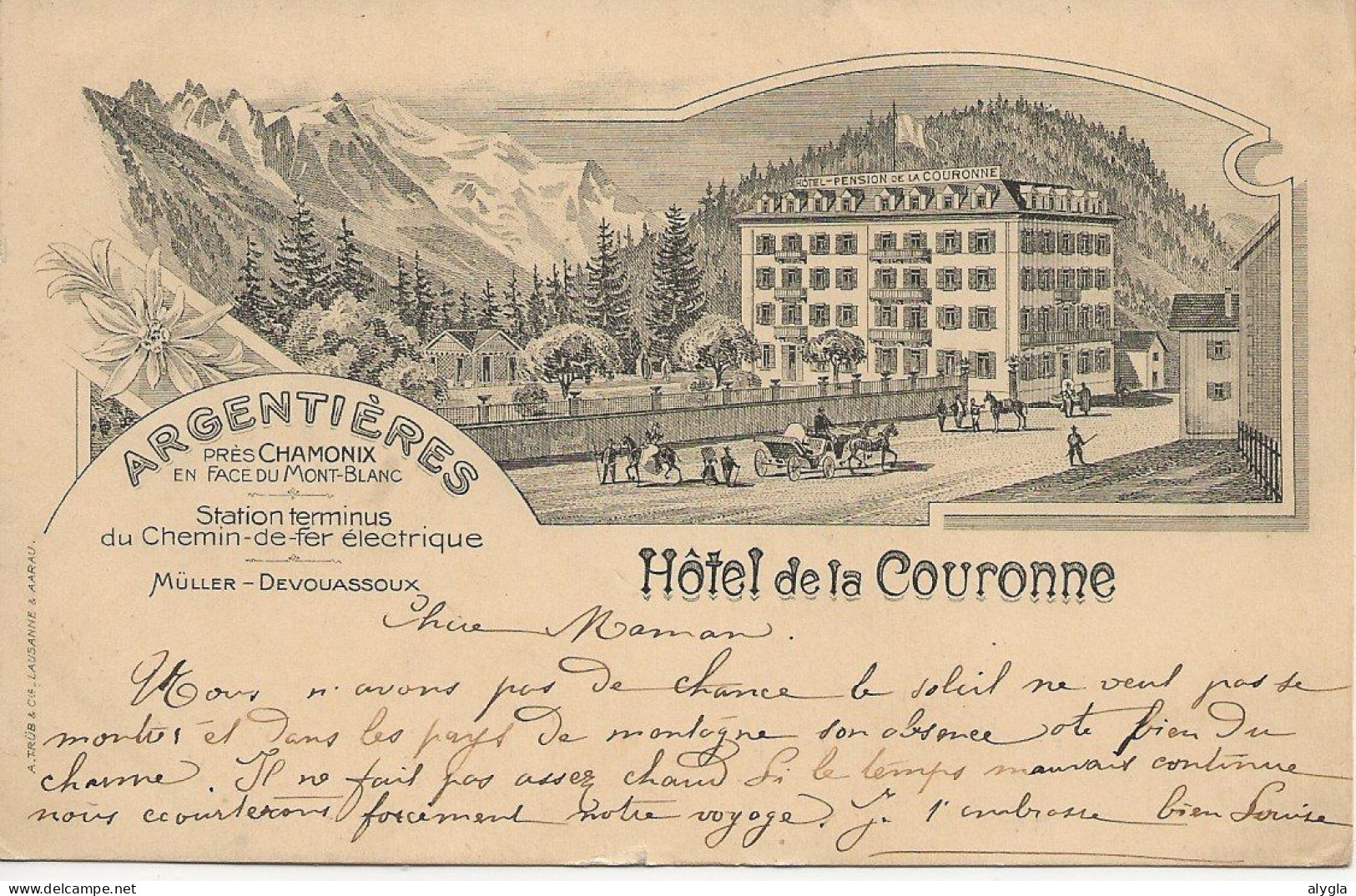 74 - ARGENTIERES - RARE CPA 1908 - Hôtel De La Couronne - Propr. Muller - Devouassoux. - Chamonix-Mont-Blanc