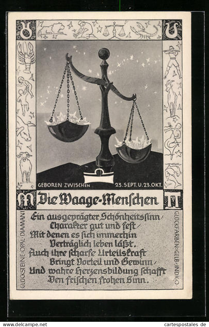 Künstler-AK Sternzeichen Waage - Bild Einer Waage Und Gedicht  - Astronomy