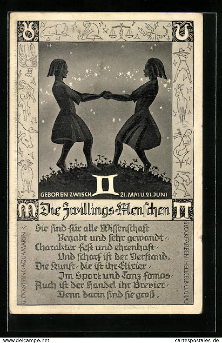 Künstler-AK Sternzeichen Zwillinge - Bild Von Zwillingen, Gedicht  - Astronomía
