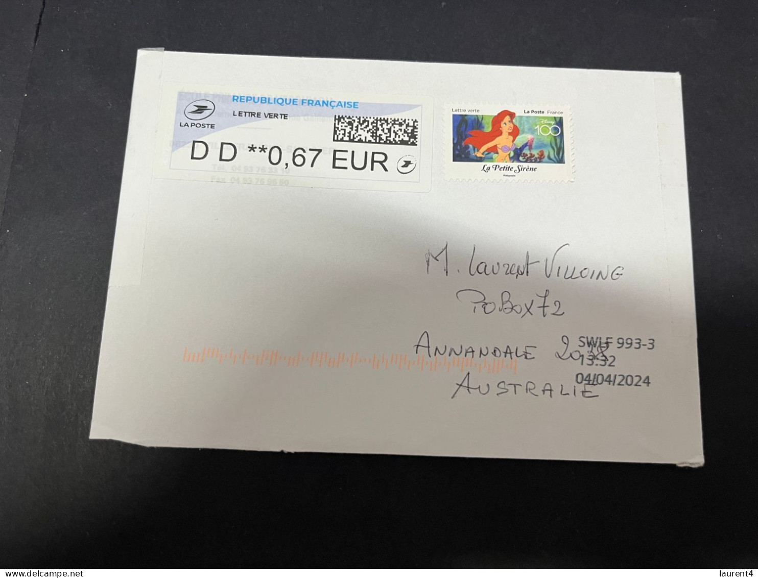 30-4-2023 (3 Z 27) Letter Posted From France To Australia In 2024 (2 Covers) (Disney Little Mermaid + Hallowwen 16x16cm) - Lettres & Documents