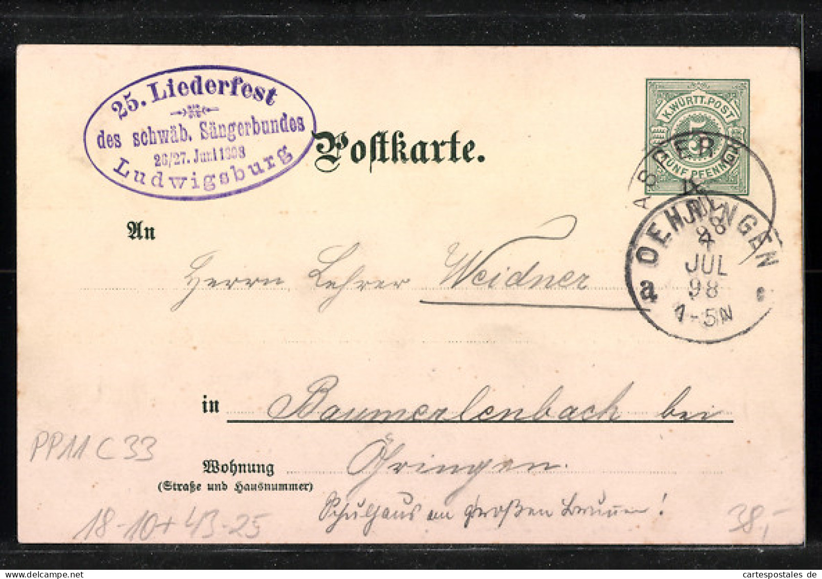 Lithographie Ganzsache Württemberg PP11C33: Ludwigsburg, 25. Schwäb. Liederfest 1898, Haupteingang Zum Festplatz  - Tarjetas