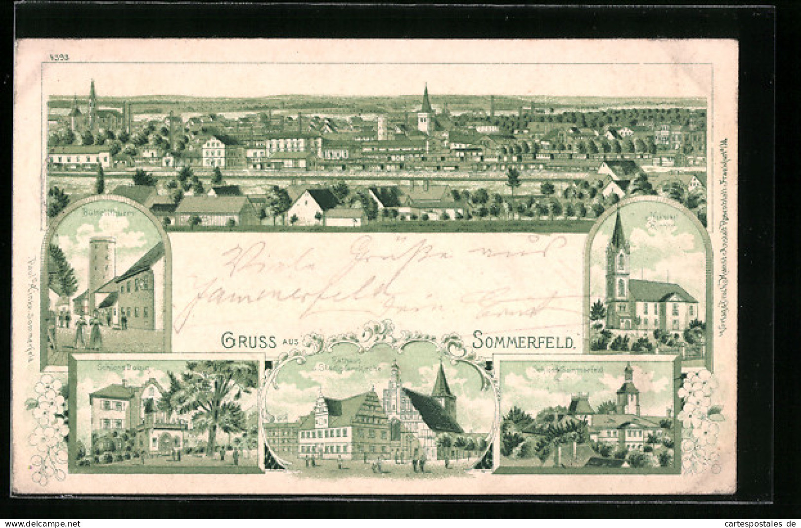 Lithographie Sommerfeld, Totalansicht, Büttellturm, Schloss Dolzig, Rathaus Und Stadtpfarrkirche  - Autres & Non Classés