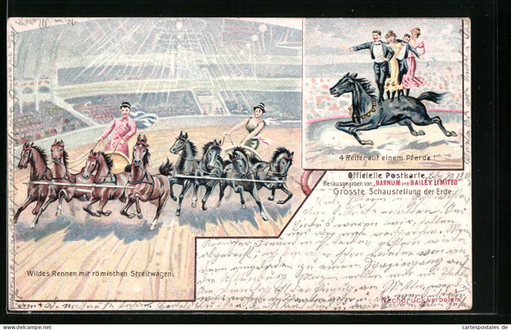 Lithographie Zirkusauftritt Mit Römischen Streitwagen Und Vier Reitern Auf Einem Pferd  - Circus