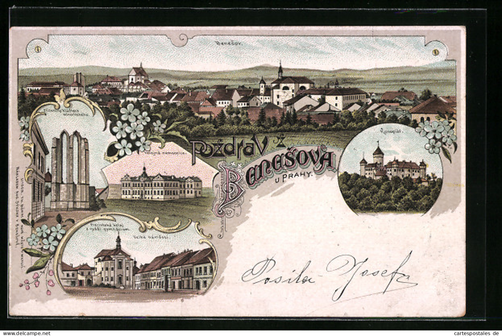 Lithographie Benesov, Zríceniny Klástera Minoritského, Verejná Nemocnice, Konopist, Panorama  - República Checa