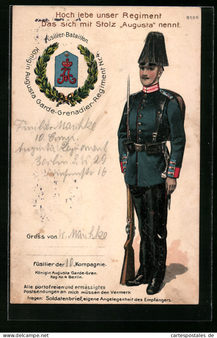 AK Berlin, Soldat In Uniform Des Königin Augusta Garde-Grenadier-Regiment Nr. 4  - Regiments