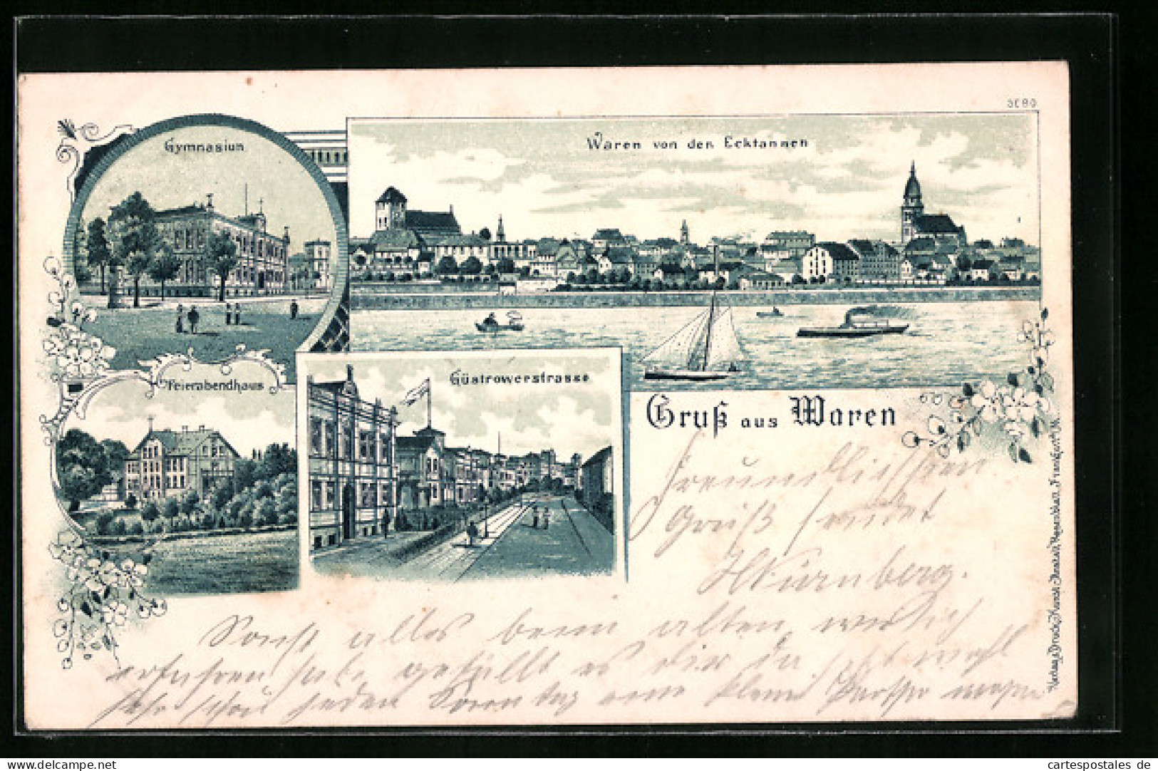 Lithographie Waren, Güstrowerstrasse, Gymnasium, Feierabendhaus  - Waren (Müritz)
