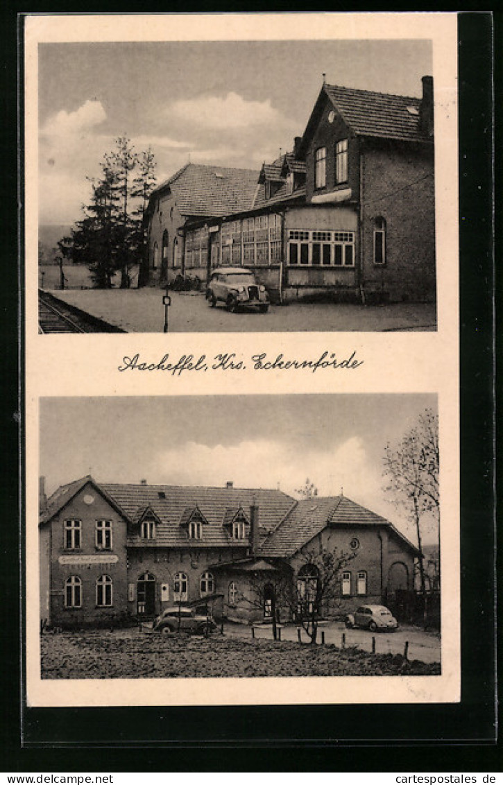 AK Ascheffel /Kr. Eckernförde, J. Lehmachers Gasthof Mit Bahnschienen Und Strasse  - Eckernfoerde