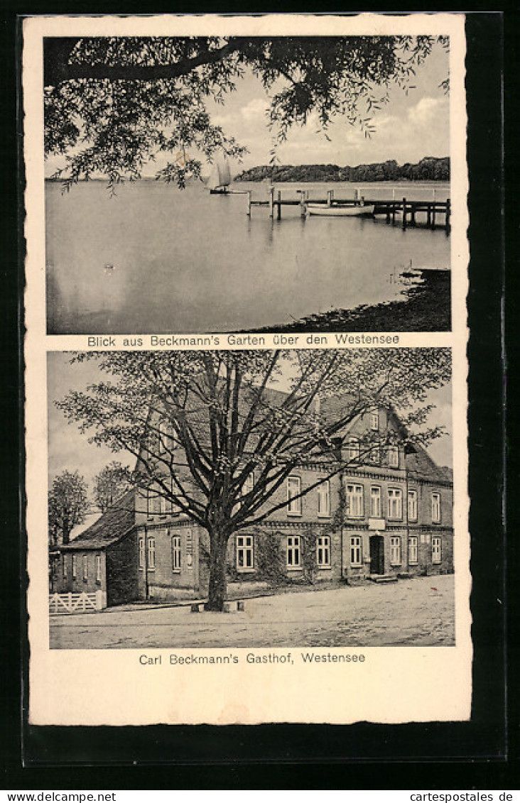 AK Westensee /Bez. Kiel, Gasthof Carl Bleckmann - Gebäude Mit Strasse, Blick Aus Dem Garten über Den Westensee  - Kiel