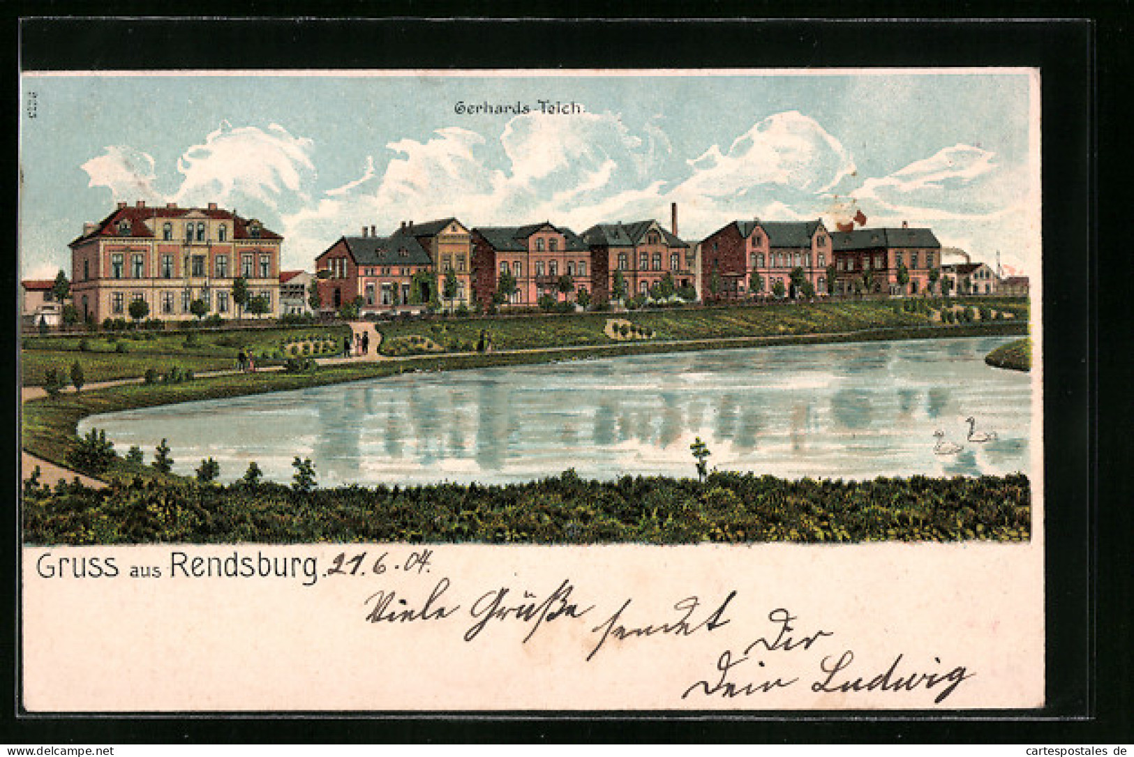 Lithographie Rendsburg, Partie Am Gerhardsteich Mit Blick Auf Häuserreihe  - Rendsburg