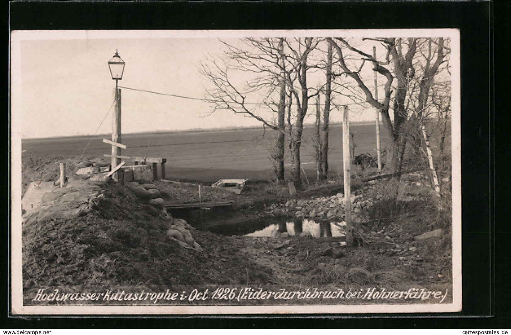 Foto-AK Hohnerfähre, Hochwasser-Katastropühe Im Oktober 1926, Eiderdurchbruch  - Überschwemmungen