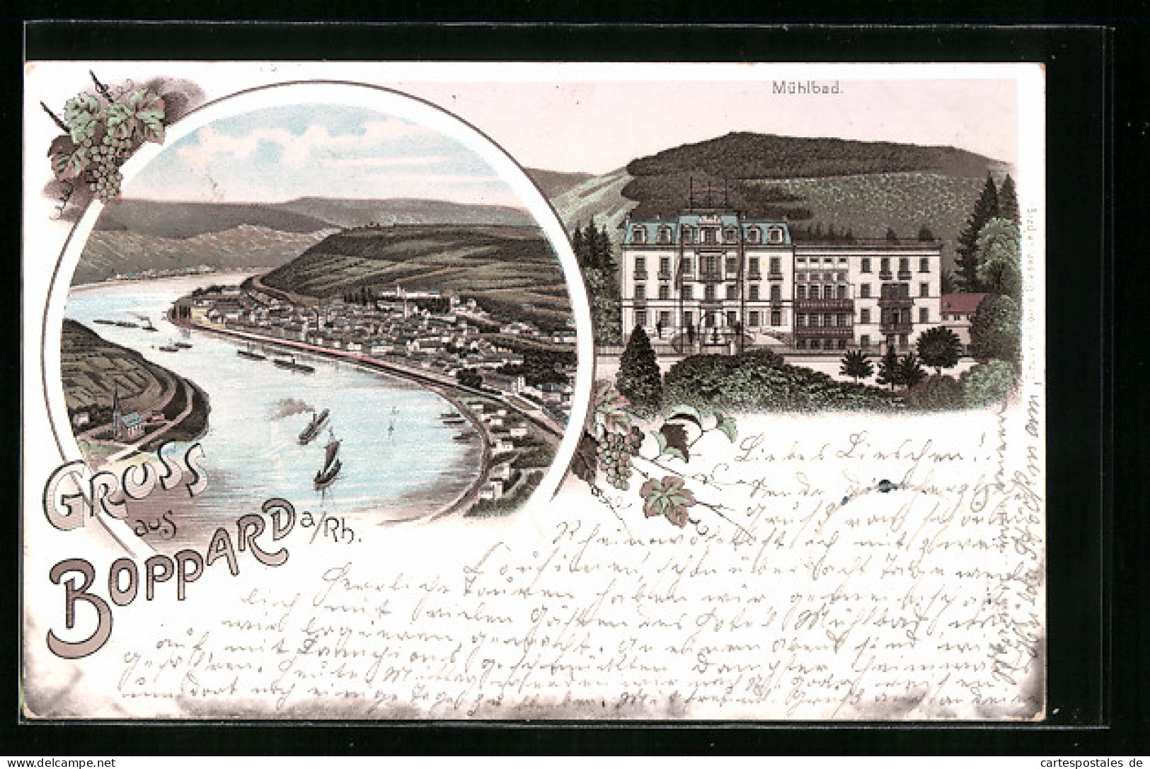 Lithographie Boppard A. Rh., Panoramablick Auf Ort Und Rhein, Hotel Mühlbad  - Boppard