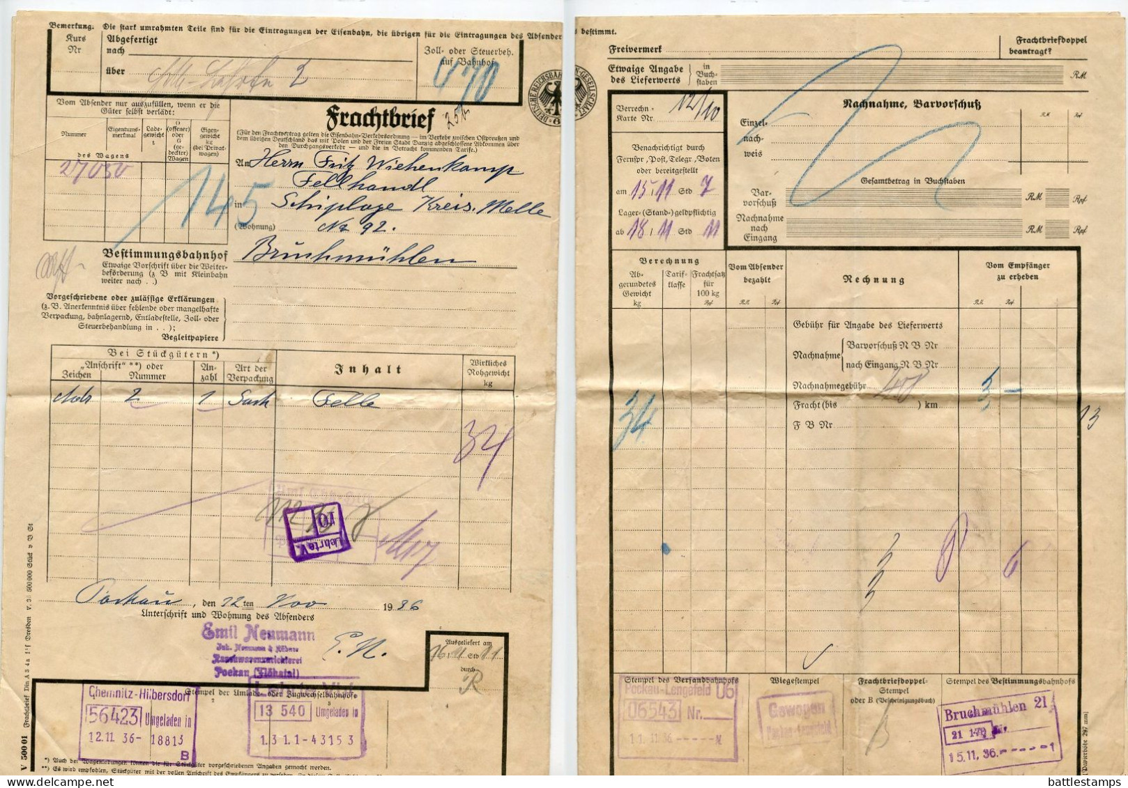 Germany 1936 Deutsche Reichsbahn-Gesellschaft Frachtbrief (Waybill); Pockau-Lengefeld To Bruchmühlen - Covers & Documents