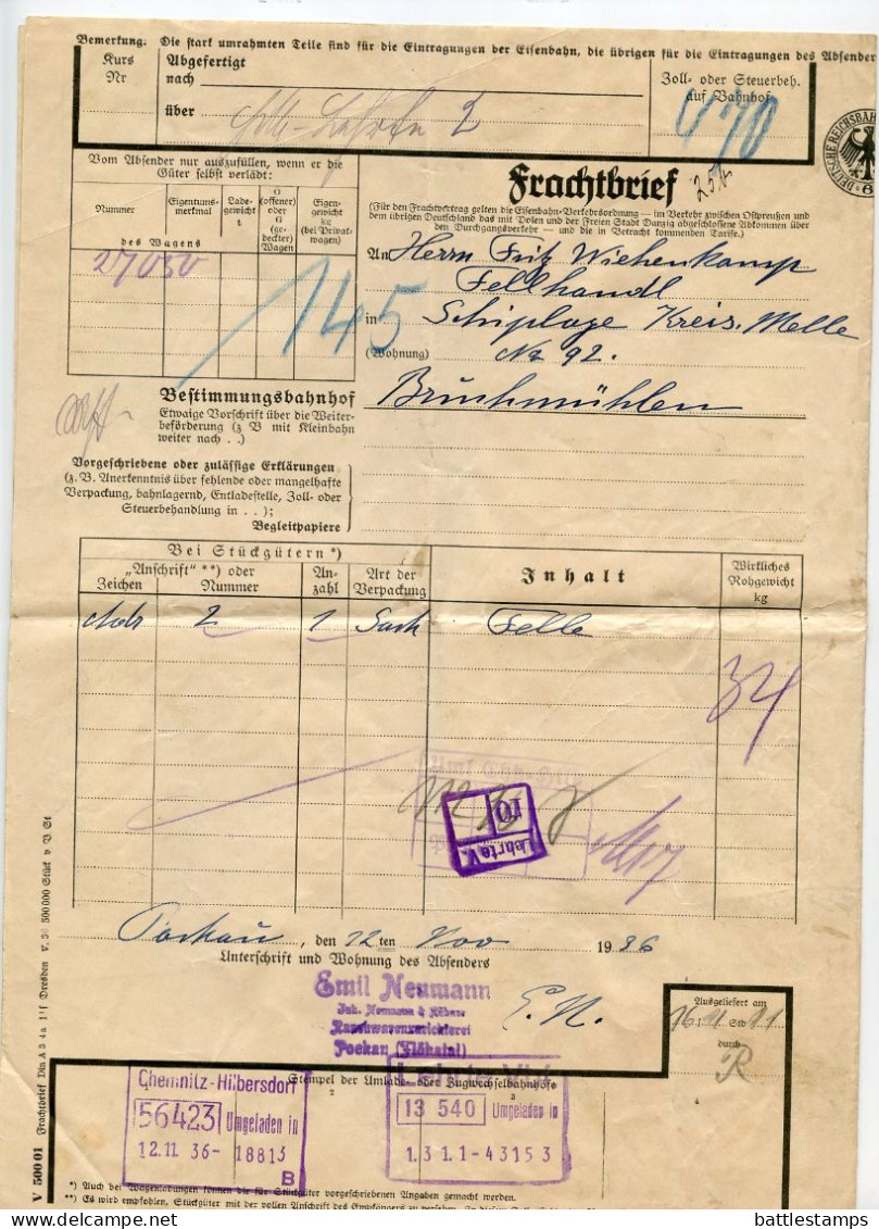 Germany 1936 Deutsche Reichsbahn-Gesellschaft Frachtbrief (Waybill); Pockau-Lengefeld To Bruchmühlen - Covers & Documents