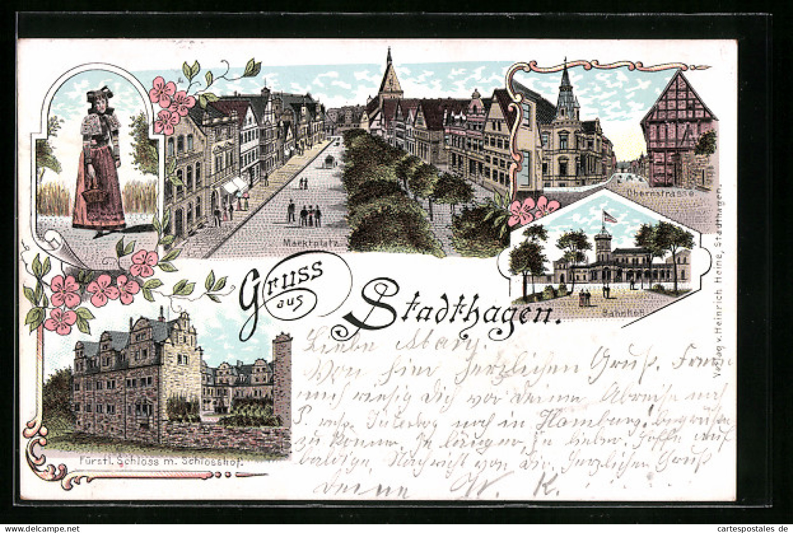 Lithographie Stadthagen, Marktplatz, Obernstrasse, Bahnhof, Fürstl. Schloss  - Stadthagen
