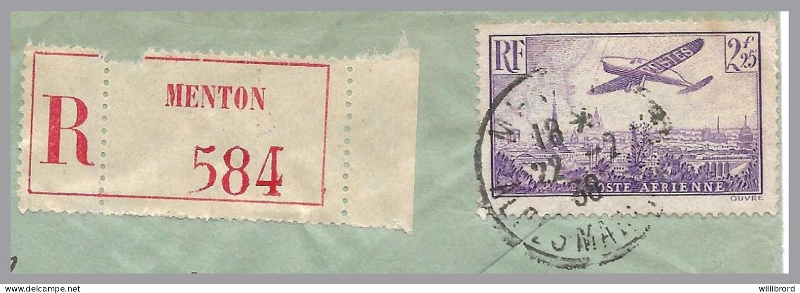 FRANCE To LUXEMBOURG 1938 2.25F Airmail & 75c Peace - MENTON Registered - 1927-1959 Storia Postale