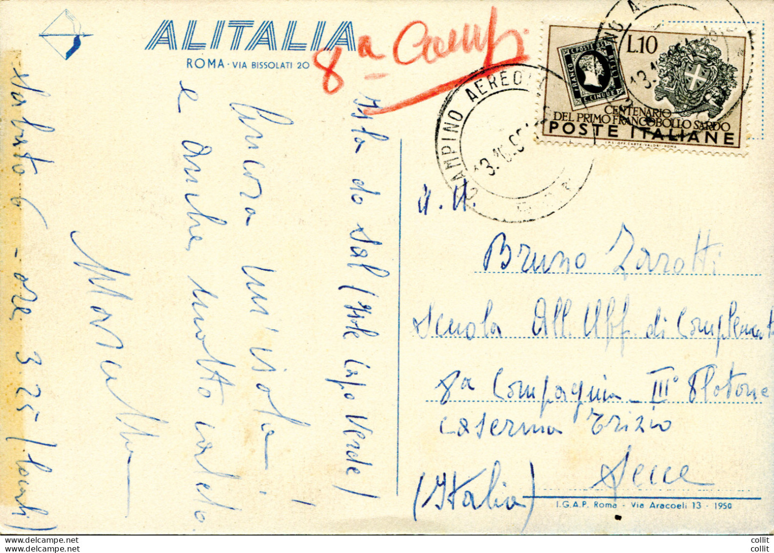 Sardegna Lire 10 N. 672 Isolato Su Cartolina Pubblicitaria "Alitalia" - 1946-60: Marcophilia