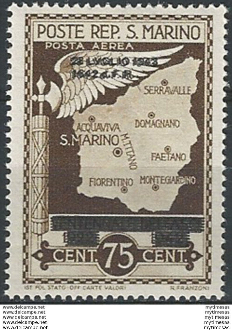 1943 San Marino Caduta Del Fascismo 75c. Varietà MNH Sass. N. A36a - Sonstige & Ohne Zuordnung