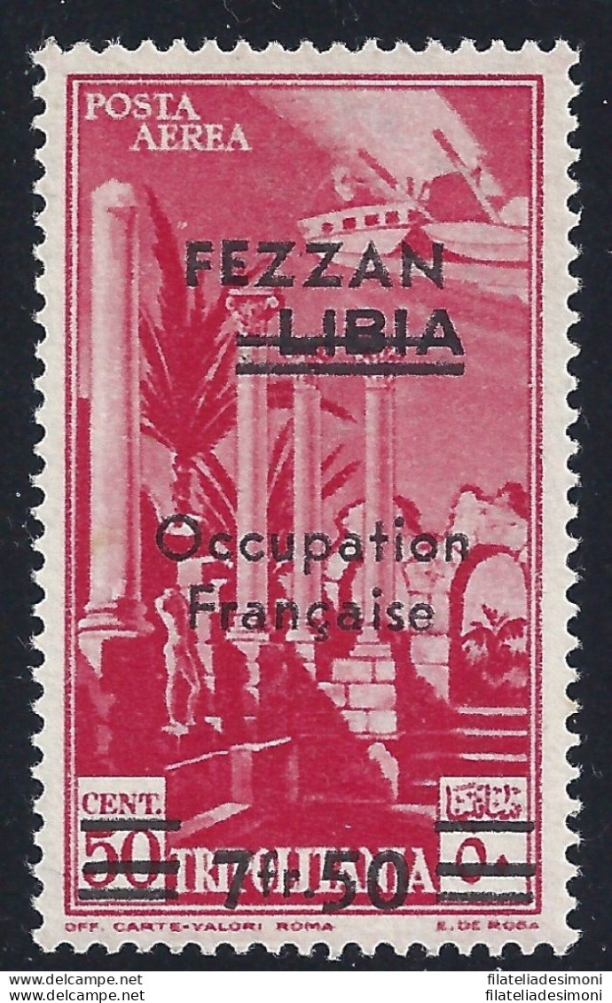 1943 FEZZAN - Posta Aerea N° 2e - Pittorica 7 Fr.50 Su 50c. Carminio MNH** Sigl - Otros & Sin Clasificación