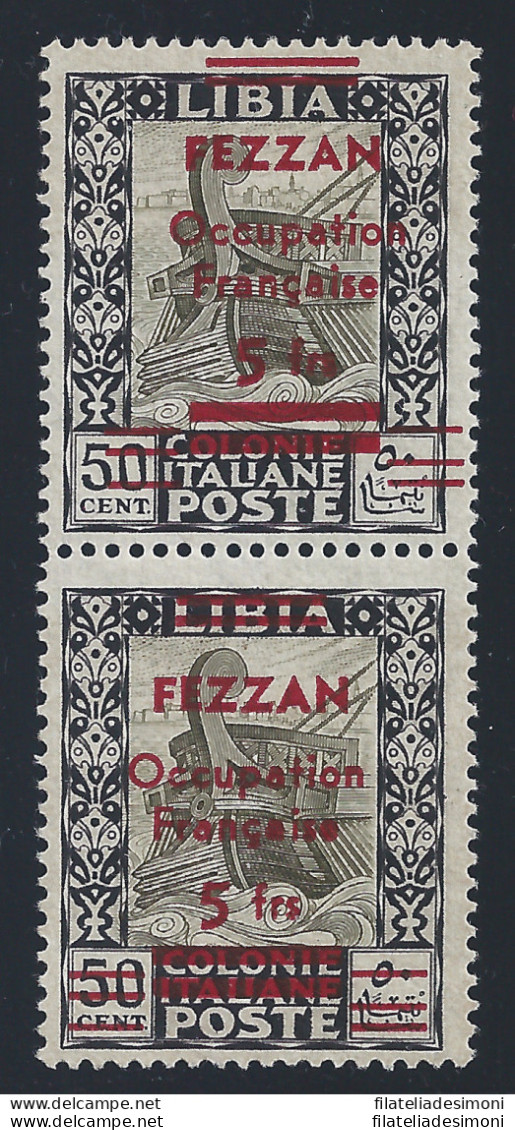 1943 FEZZAN - N° 7 - Pittorica Coppia 5f. Su 50c. MNH/** Firma Bolaffi  VARIETA - Other & Unclassified