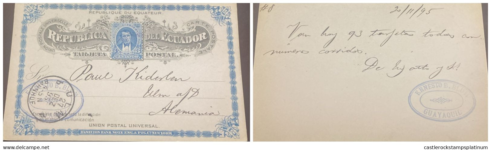 O) 1890 ECUADOR,  ERNESTO B.  BHULL  - GUAYAQUIL, PRESIDENT VICENTE ROCAFUERTE, 3 Centavos,  POSTAL STATIONERY CIRCULATE - Ecuador