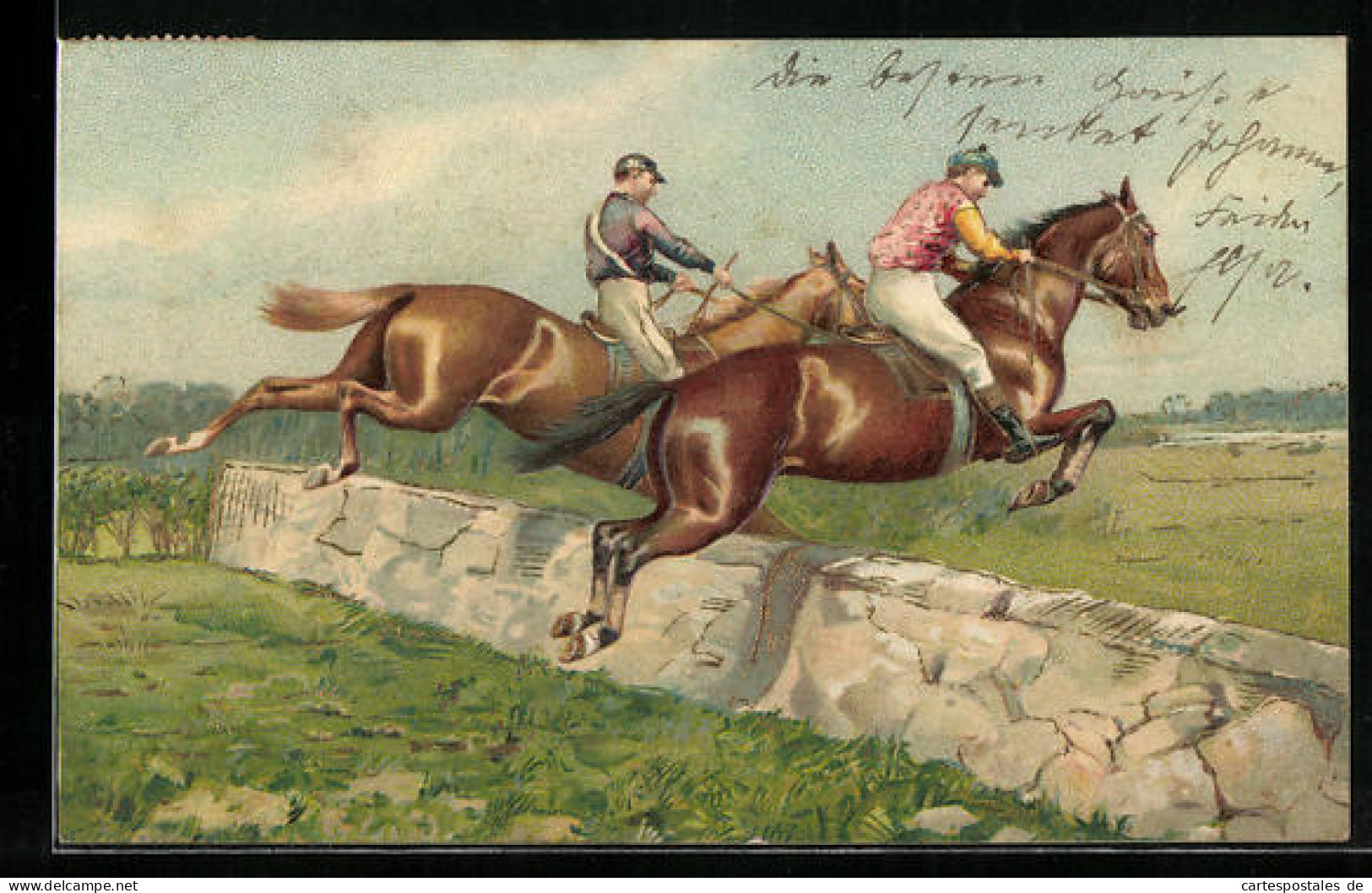 Präge-Lithographie Springreiter Beim Sprung über Eine Mauer  - Paardensport