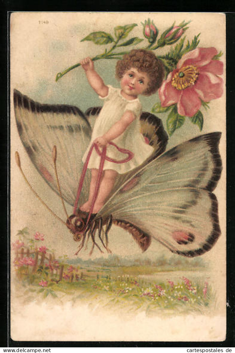 Lithographie Kleinkind Beim Ritt Auf Einem Schmetterling  - Insectes
