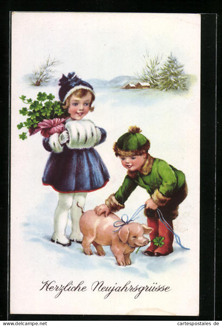 AK Kleines Paar Mit Glücksschwein Im Schnee, Neujahrsgruss  - Pigs