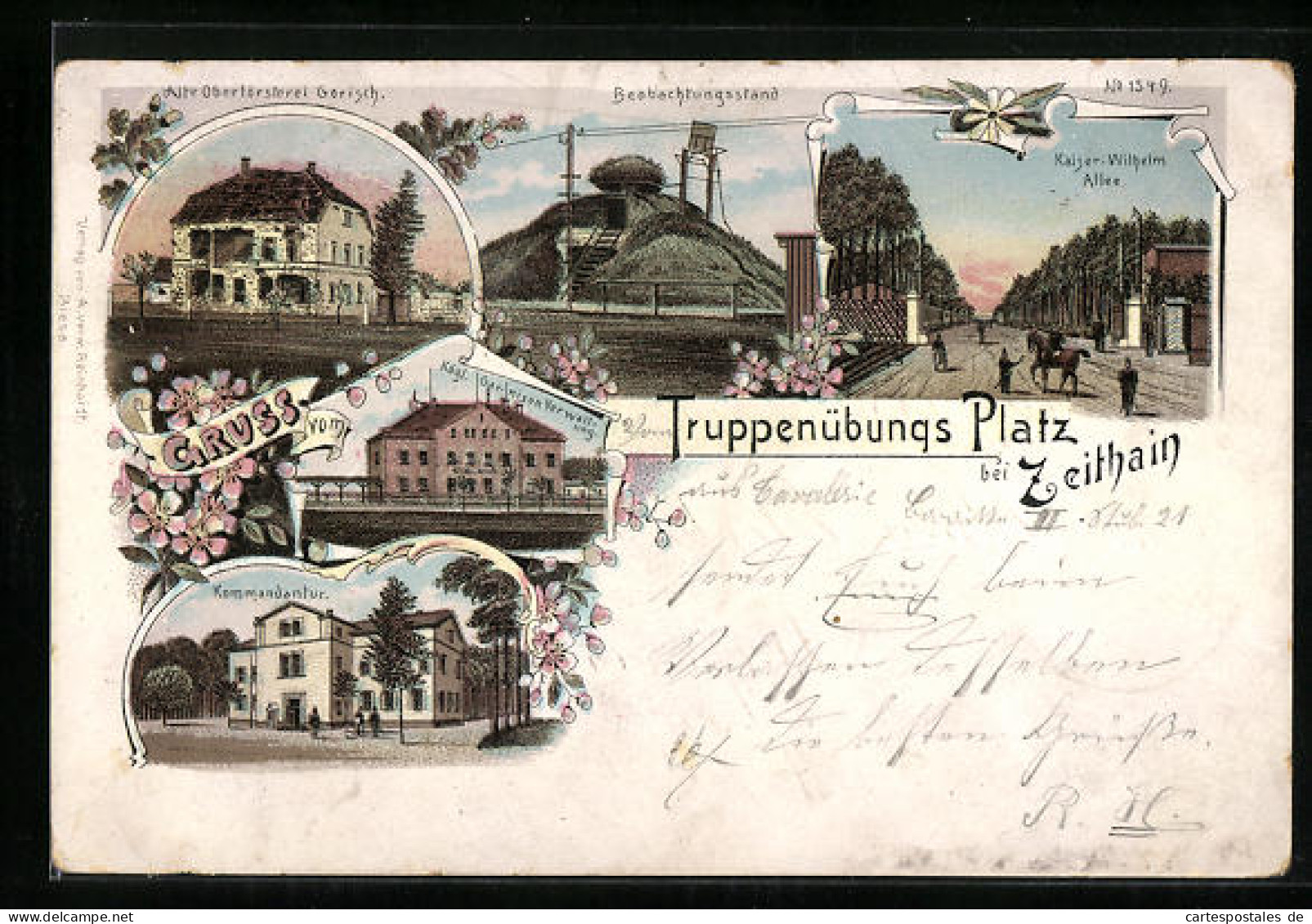 Lithographie Zeithain, Truppenübungsplatz, Kommandantur, Alte Oberförsterei Gerisch, Beobachtungsstand  - Zeithain