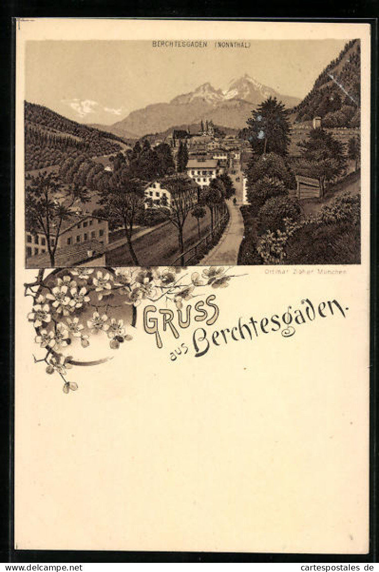 Lithographie Berchtesgaden, Nonnthal, Teilansicht Mit Strasse Und Bergblick  - Berchtesgaden