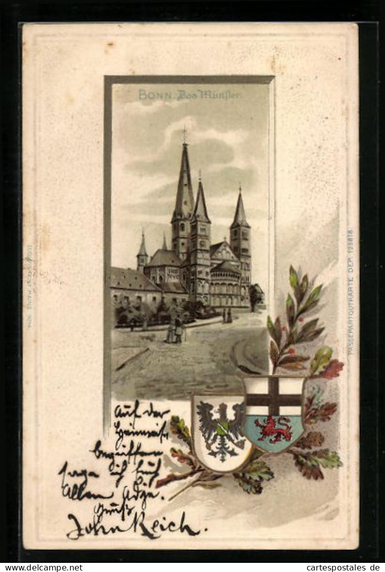 Passepartout-Lithographie Bonn, Strassenpartie Mit Münster, Wappen  - Münster