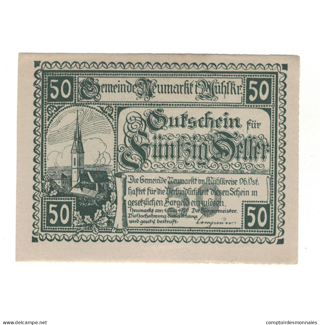 Billet, Autriche, Neumarkt Im Mühlkreis O.Ö. Gemeinde, 50 Heller, Texte, 1920 - Oostenrijk