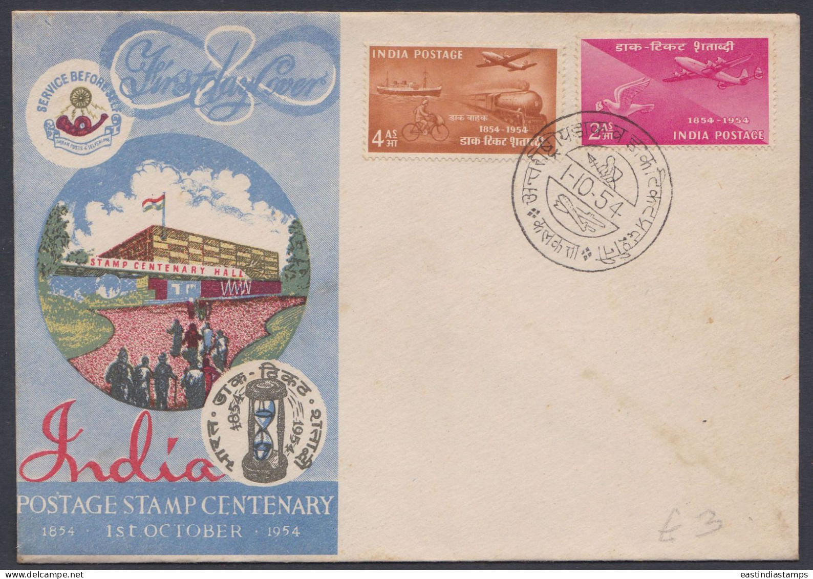Inde India 1954 FDC Postage Stamp, Aircraft, Aeroplane, Airmail, Biplane, Train, Ship, Seamail, Bicycle, First Day Cover - Covers & Documents