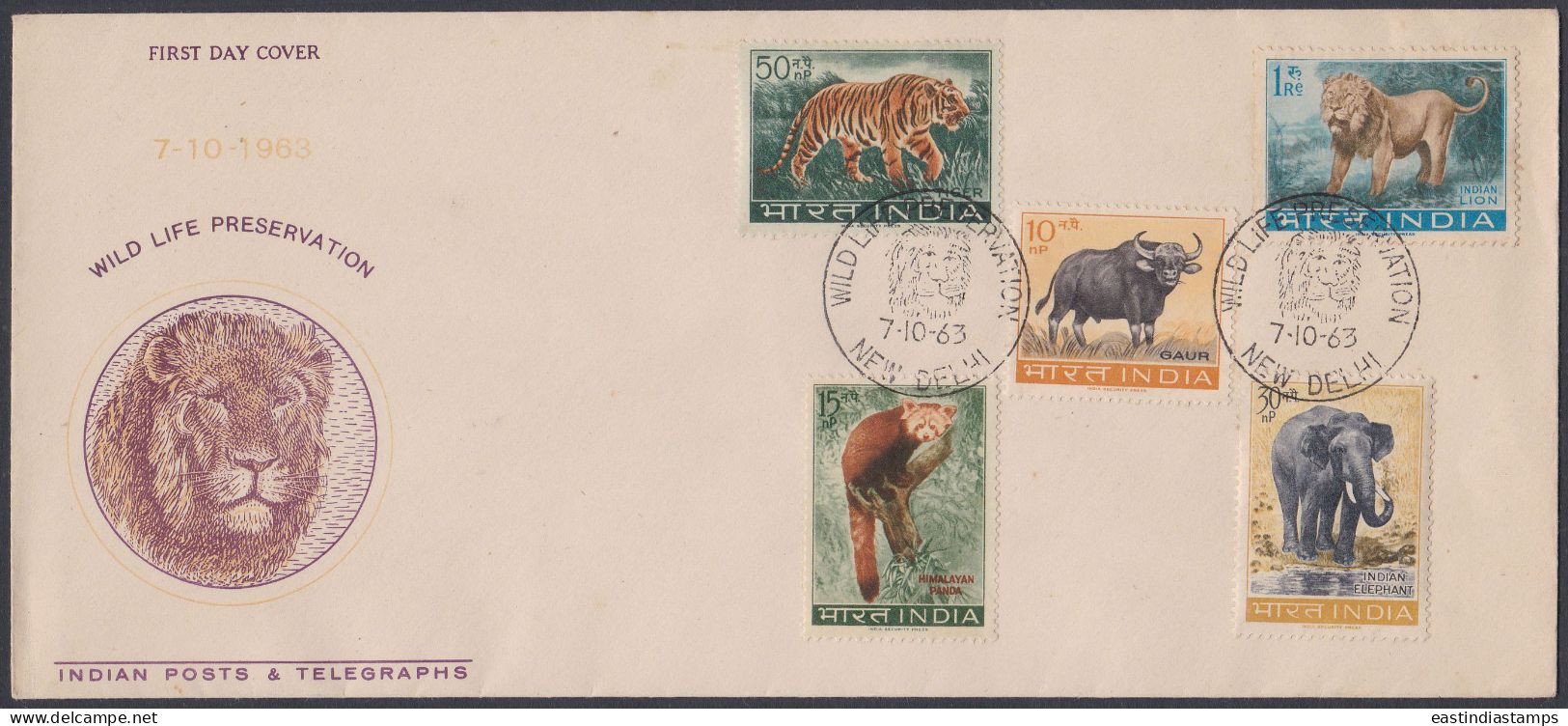 Inde India 1963 FDC Wildlife, Tiger, Himalayan Panda, Gaur Buffalo, Lion, Elephant, Wild Life, Animal, First Day Cover - Brieven En Documenten